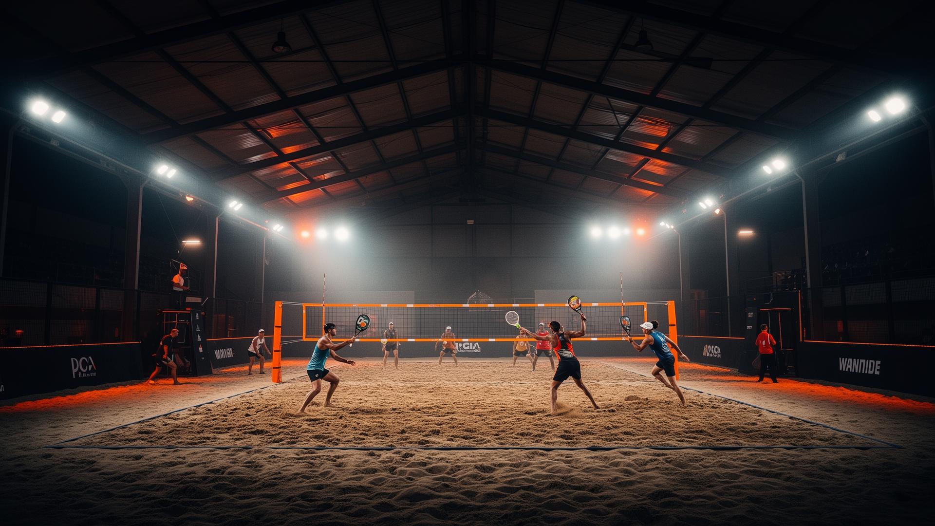 Arena indoor com quadras de areia iluminadas